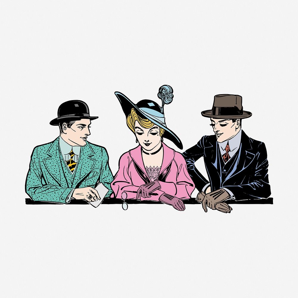 Vintage gentlemen with a woman illustration vector. Free public domain CC0 image.