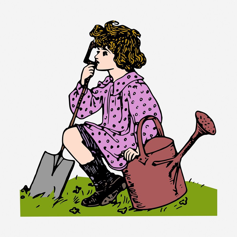 Girl holding shovel and watering can clipart, vintage illustration. Free public domain CC0 image.