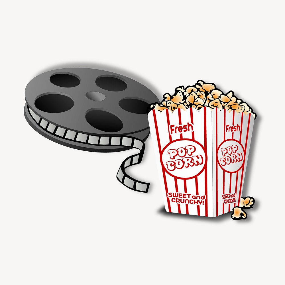 Film reel sticker, popcorn, entertainment illustration vector. Free public domain CC0 image.