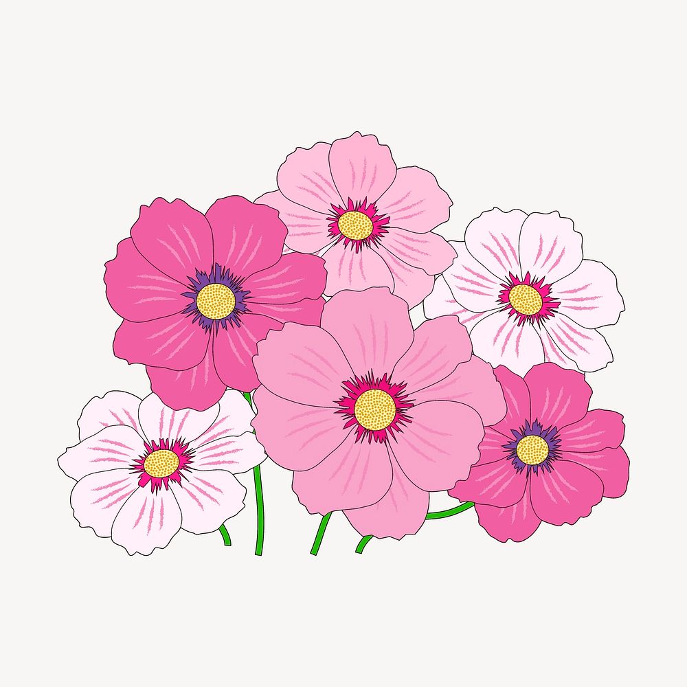 Pink cosmos flowers sticker, spring illustration vector. Free public domain CC0 image.