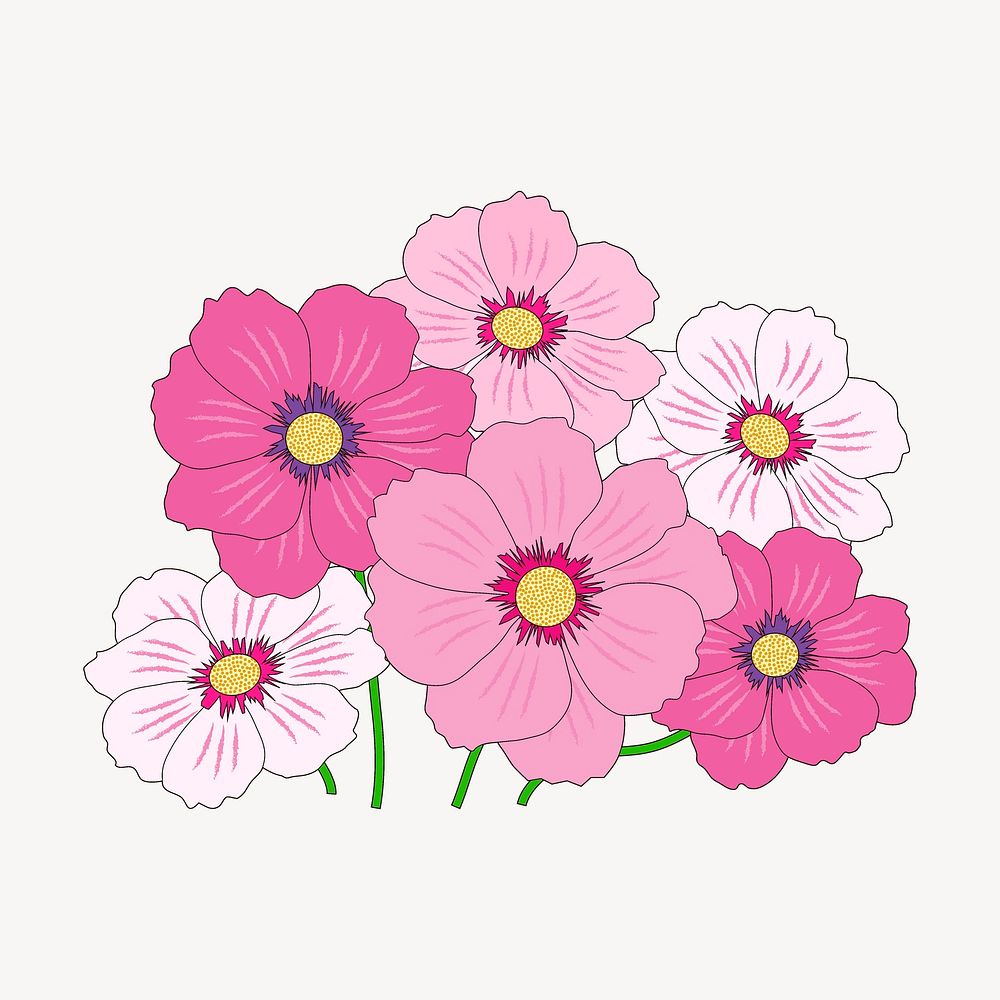 Pink flowers clipart, cosmos illustration psd. Free public domain CC0 image.