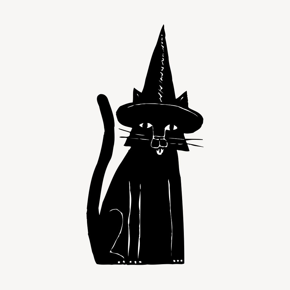 Cat wearing witch hat collage element, Halloween illustration psd. Free public domain CC0 image.