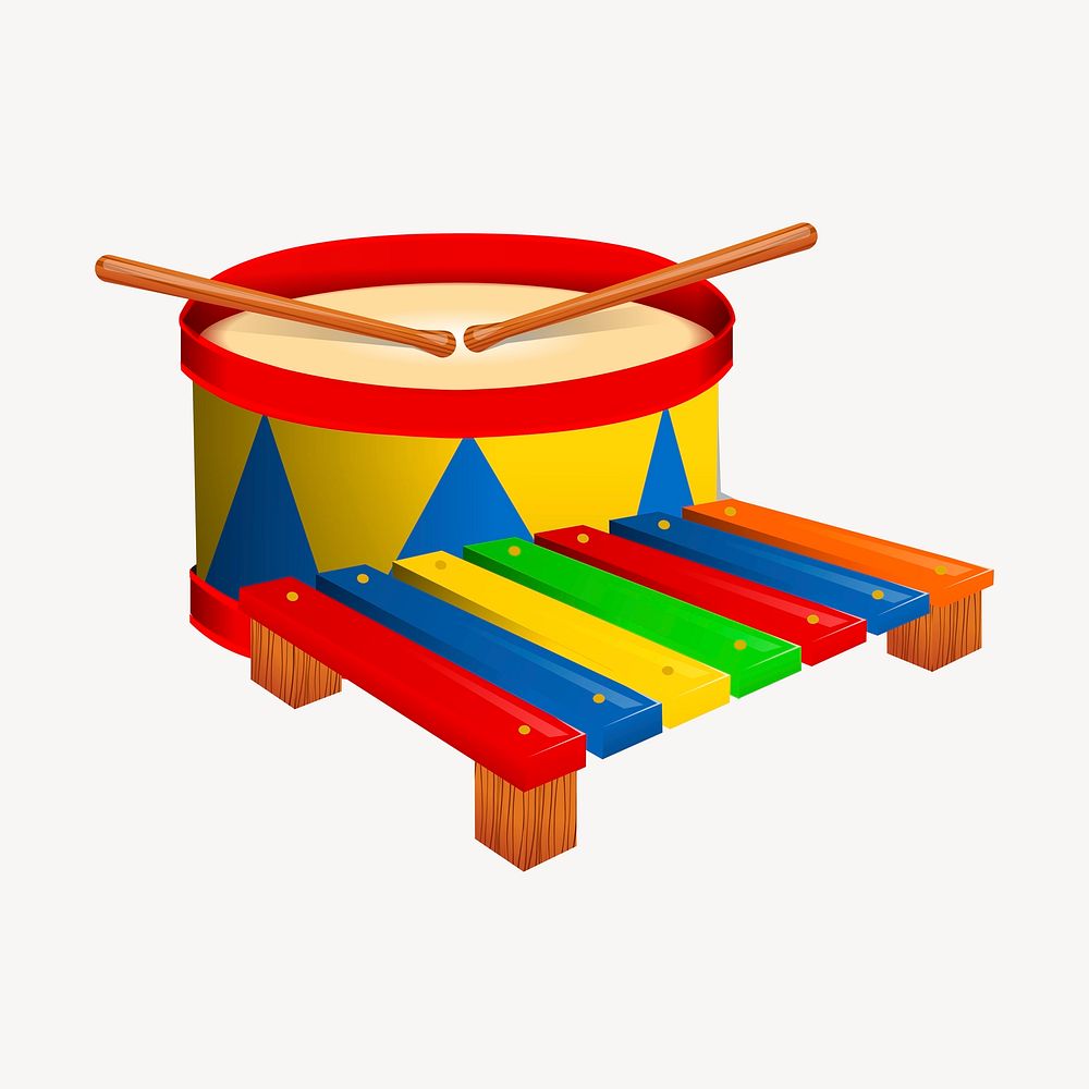 Drums, xylophone collage element, musical instrument illustration psd. Free public domain CC0 image.