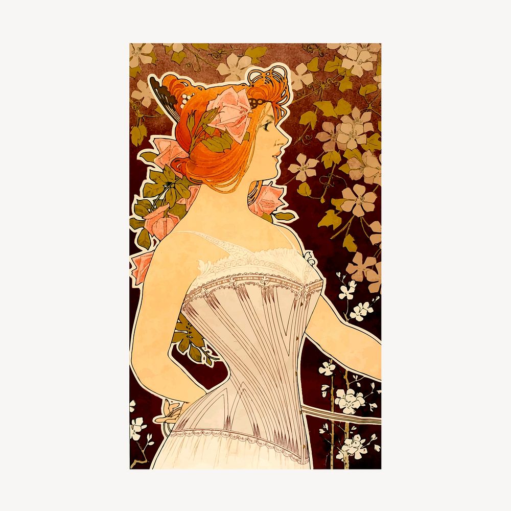 Victorian floral woman collage element, aesthetic illustration psd. Free public domain CC0 image.