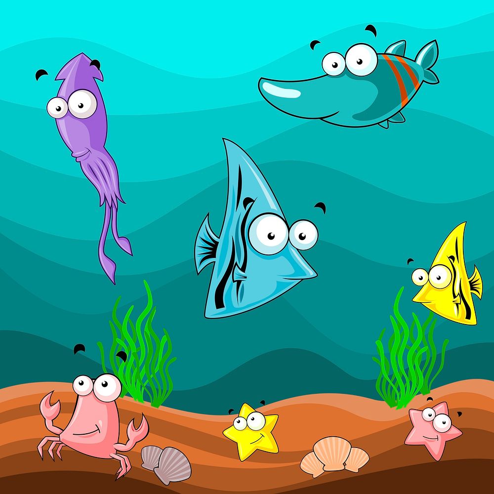 Sea animals clipart, cartoon illustration vector. Free public domain CC0 image.