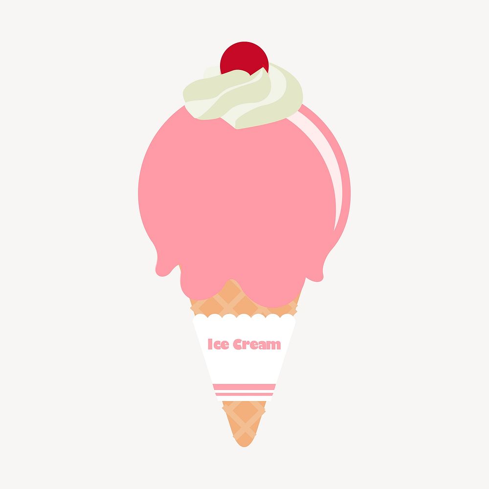 Strawberry ice-cream cone clipart, cute dessert illustration vector. Free public domain CC0 image.