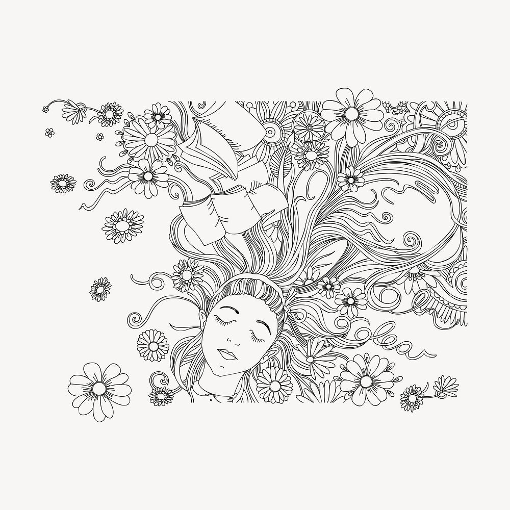 Sleeping woman drawing, floral aesthetic illustration psd. Free public domain CC0 image.