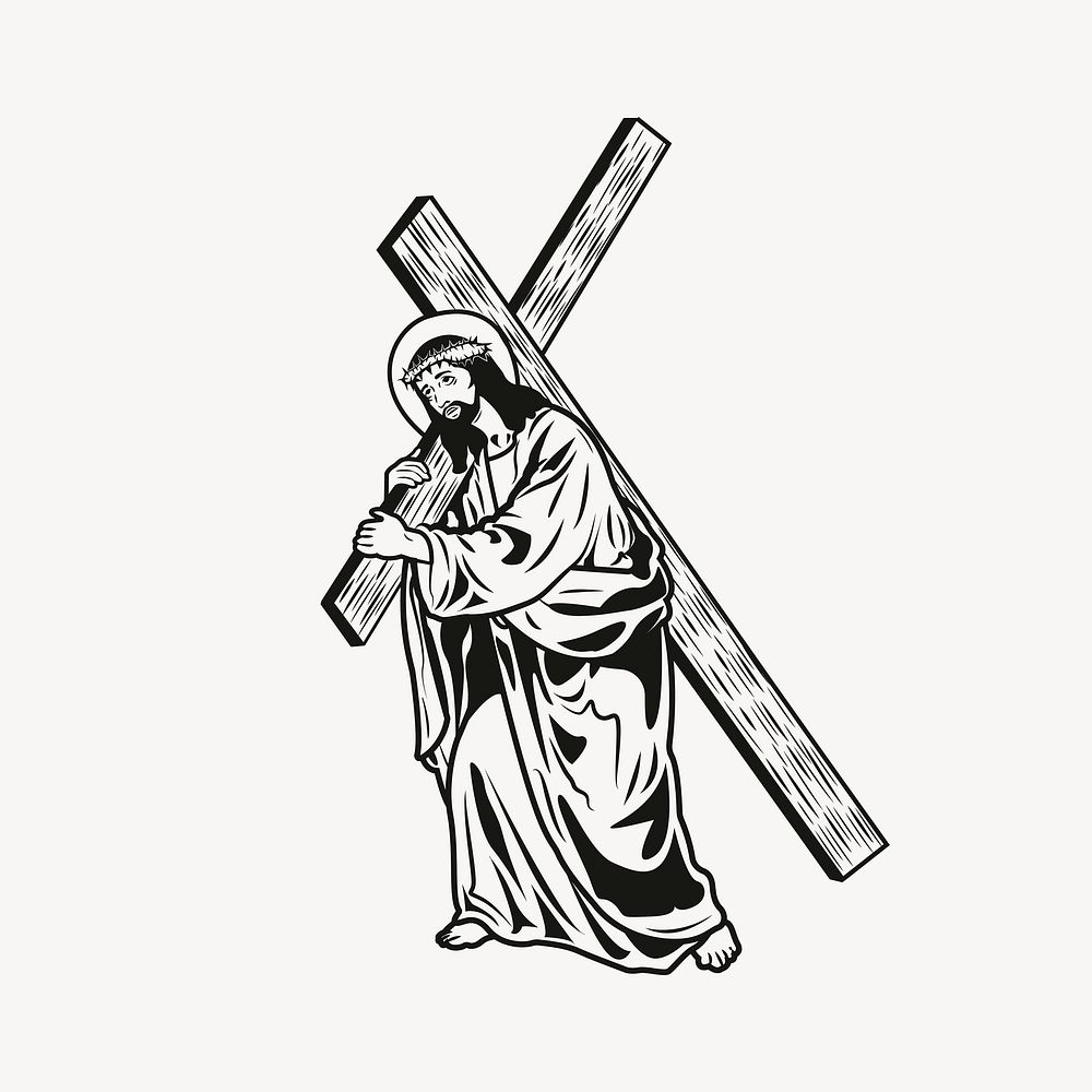 Jesus dragging cross sticker, religious illustration vector. Free public domain CC0 image.