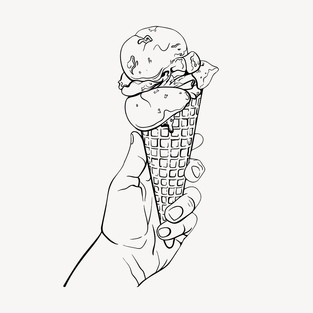 Hand holding ice-cream cone drawing, dessert illustration vector. Free public domain CC0 image.