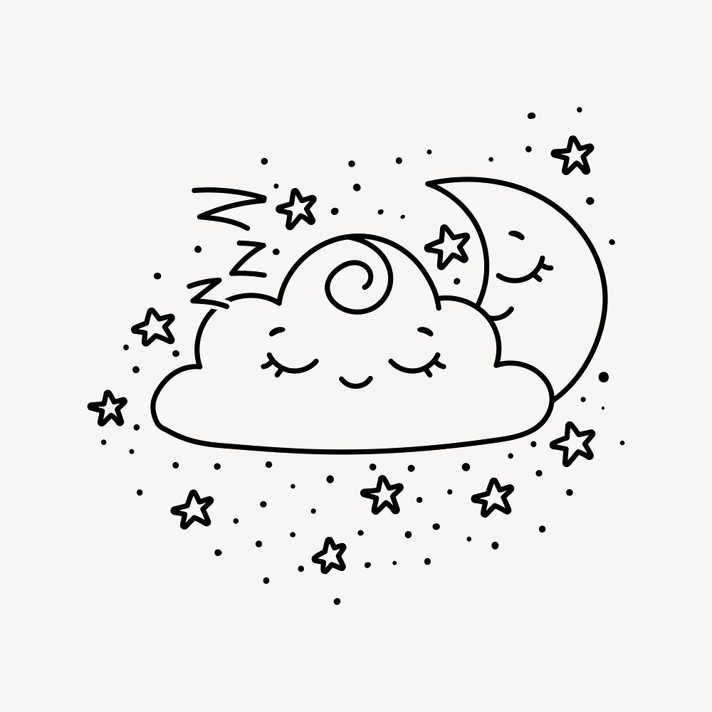 Sleeping cloud and moon drawing, cartoon illustration vector. Free public domain CC0 image.