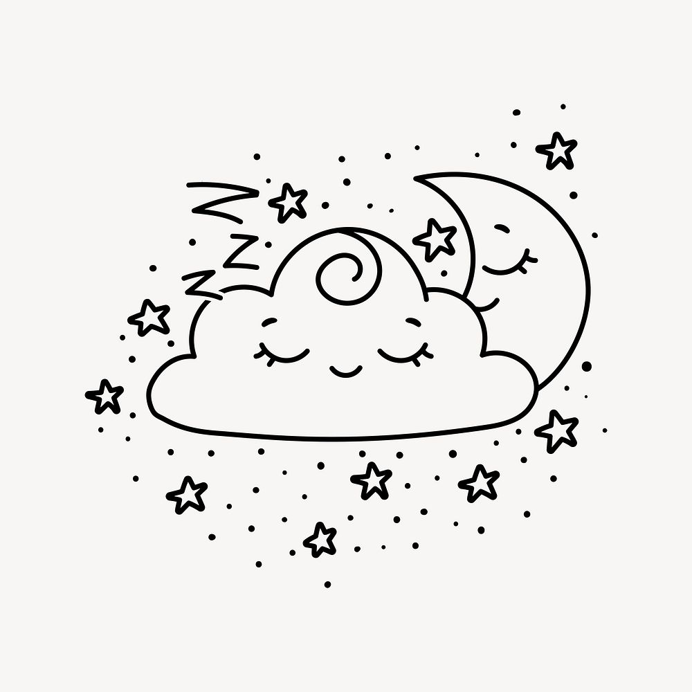 Sleeping cloud and moon drawing, cartoon illustration. Free public domain CC0 image.
