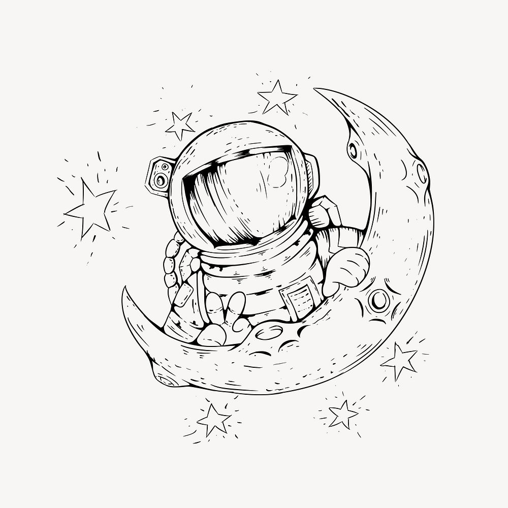 Astronaut on the moon drawing, cartoon illustration psd. Free public domain CC0 image.