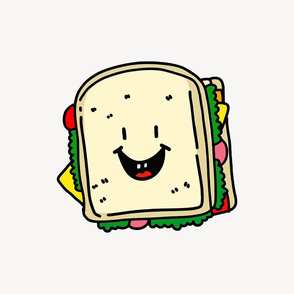 Smiling sandwich clipart, food cartoon illustration. Free public domain CC0 image.