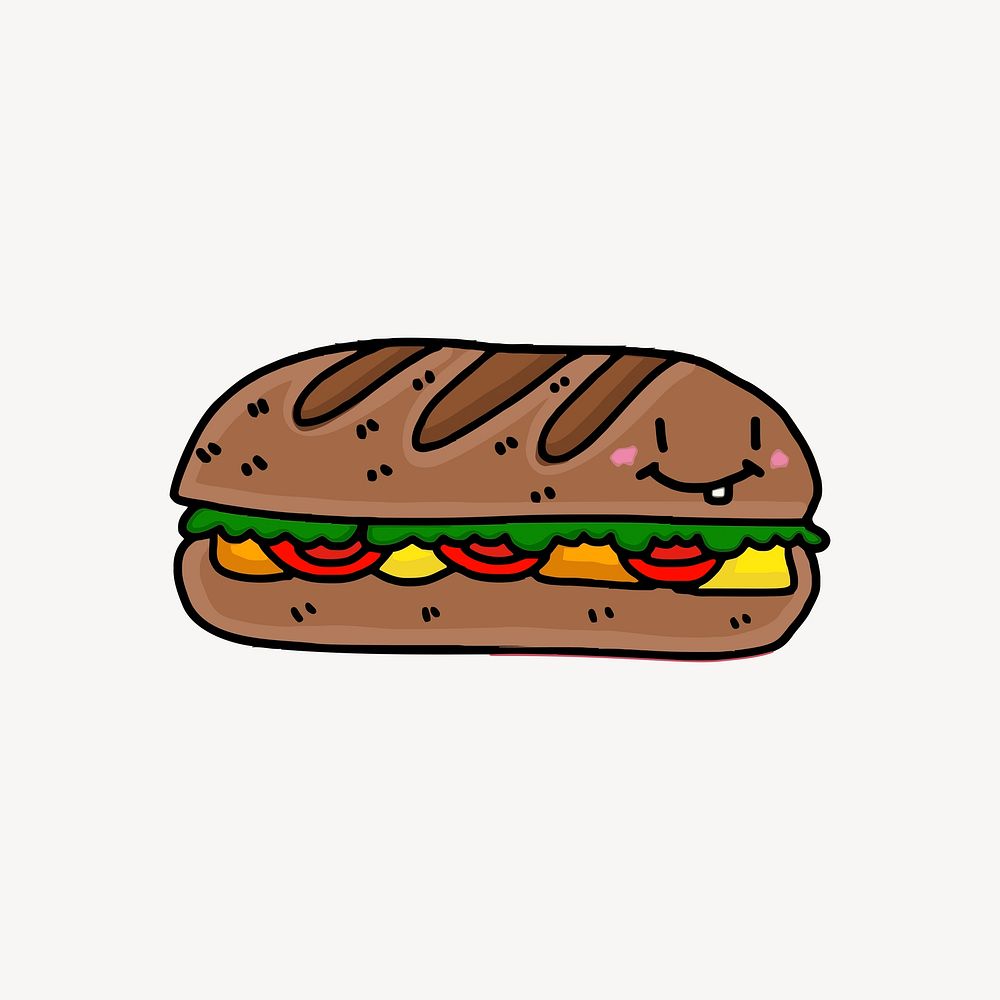 Foot long sandwich clipart, food cartoon illustration. Free public domain CC0 image.
