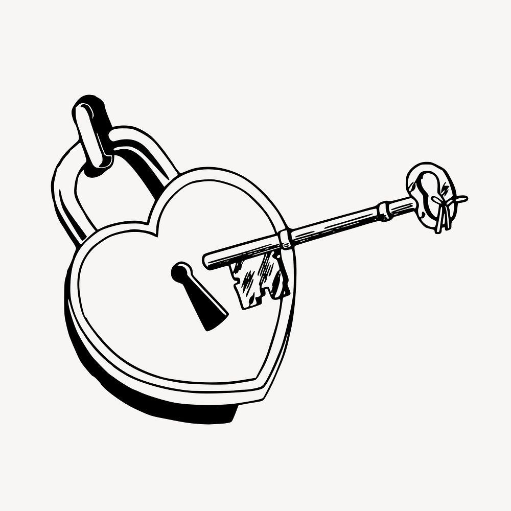 Heart lock, key drawing, object illustration vector. Free public domain CC0 image.
