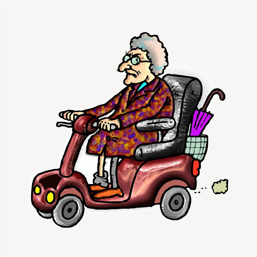 Elderly woman clipart, mobility scooter illustration psd. Free public domain CC0 image.