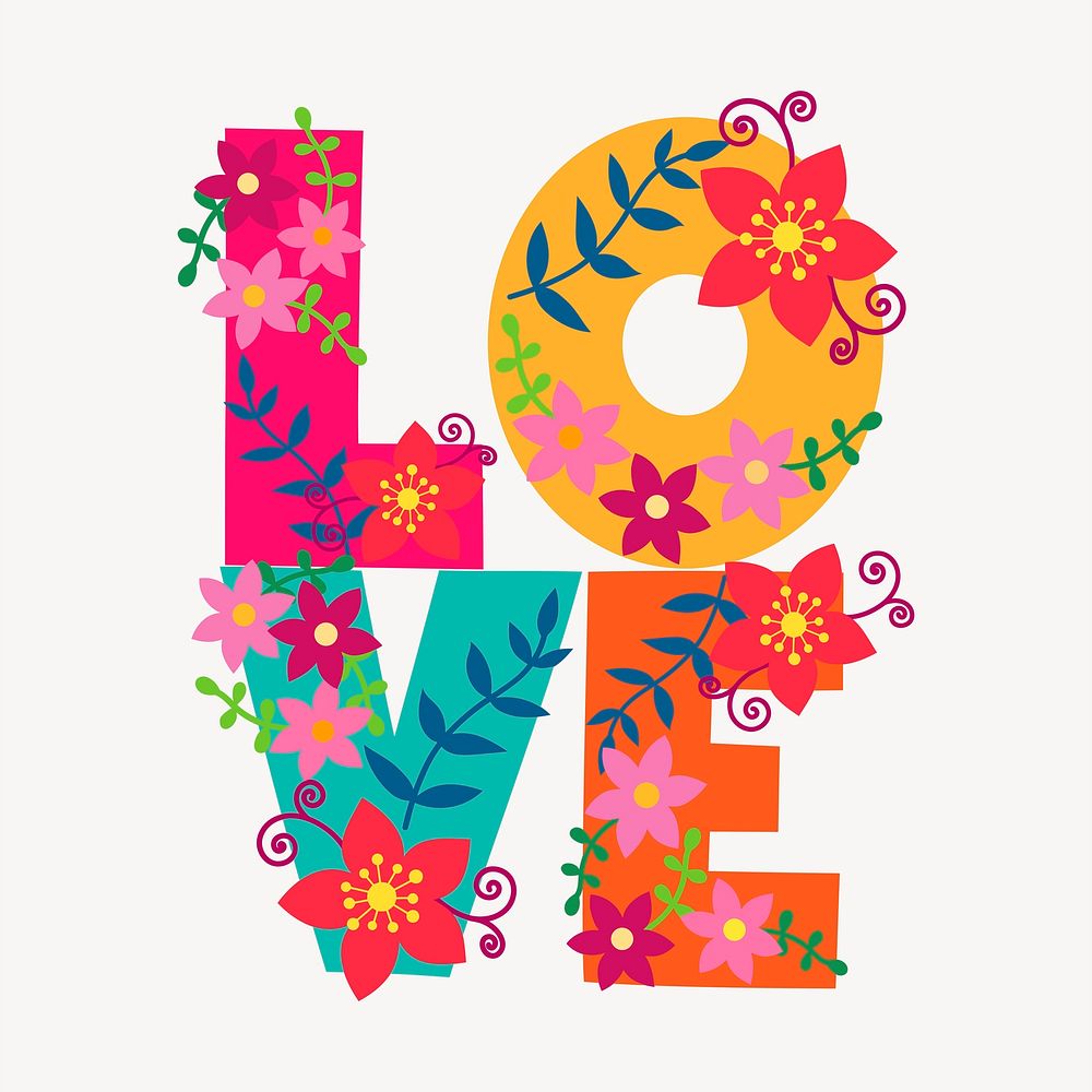LOVE typography clipart, floral design psd. Free public domain CC0 image.
