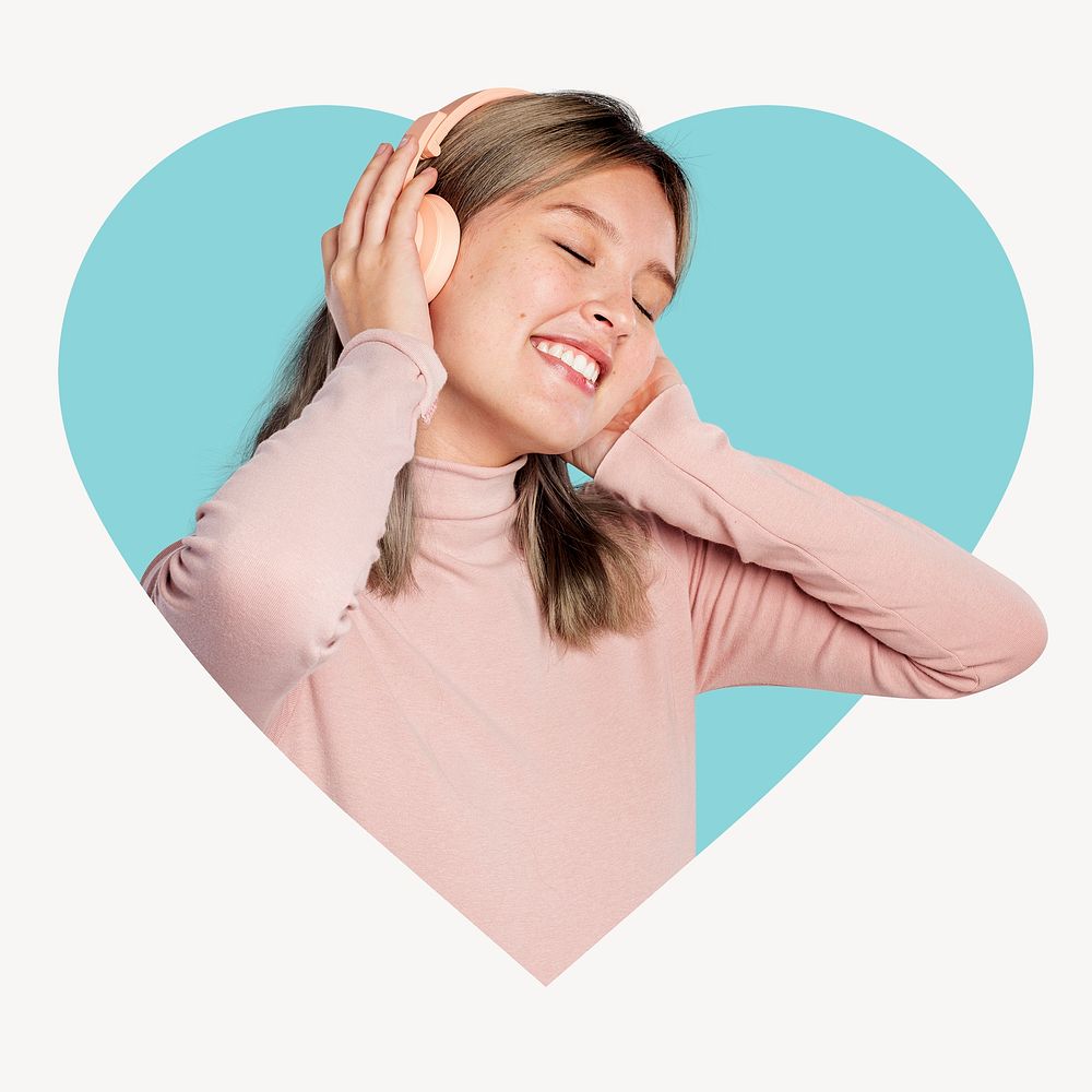 Girl enjoying music heart shape badge, hobby photo