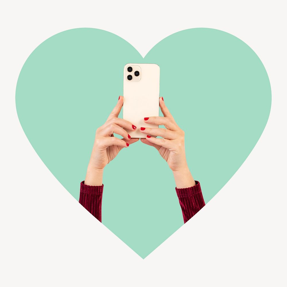 Phone in hands heart shape badge, digital device photo