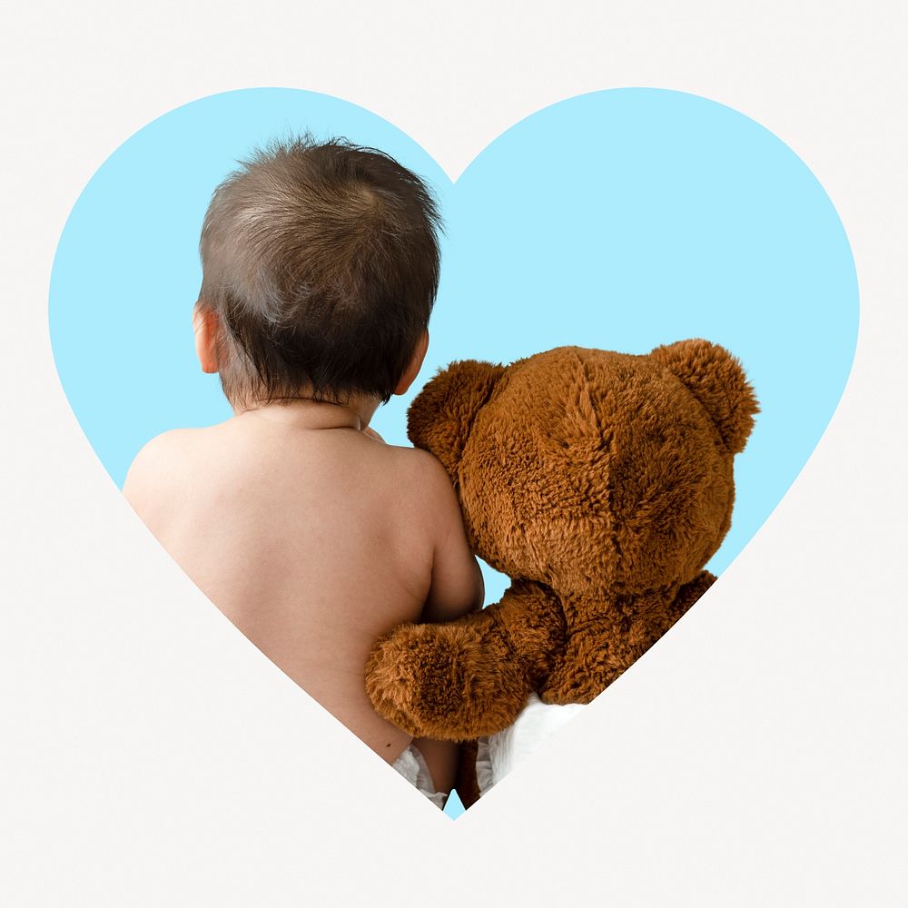 Baby and teddy bear heart shape badge, relationship photo