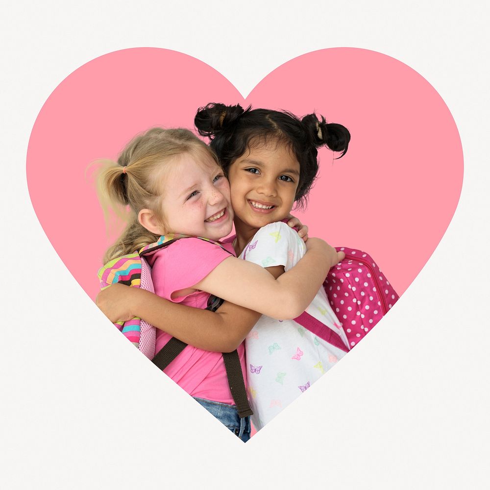 Little girls hugging heart shape badge, friendship photo