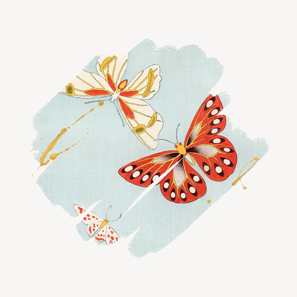 Japanese butterflies, brush stroke transition texture, animal collage element illustration