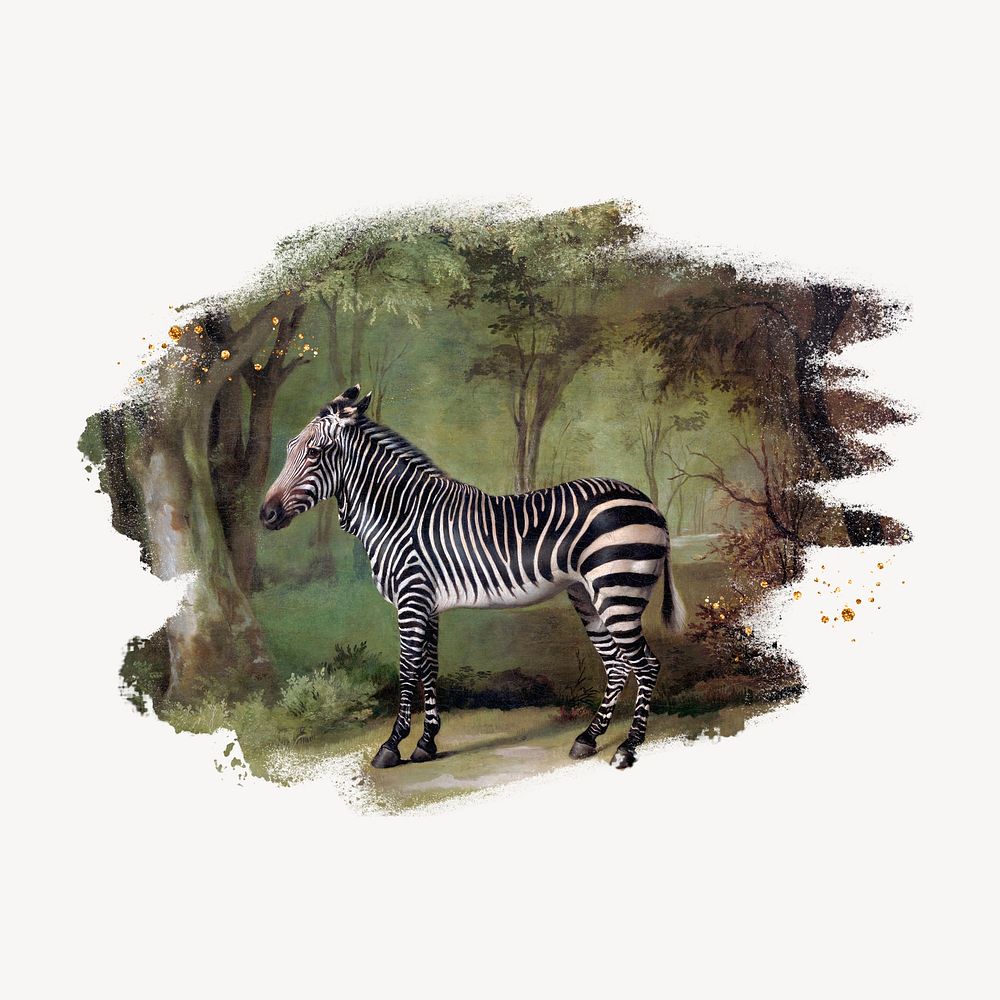 Zebra in forest, brush stroke transition sticker, animal collage element psd