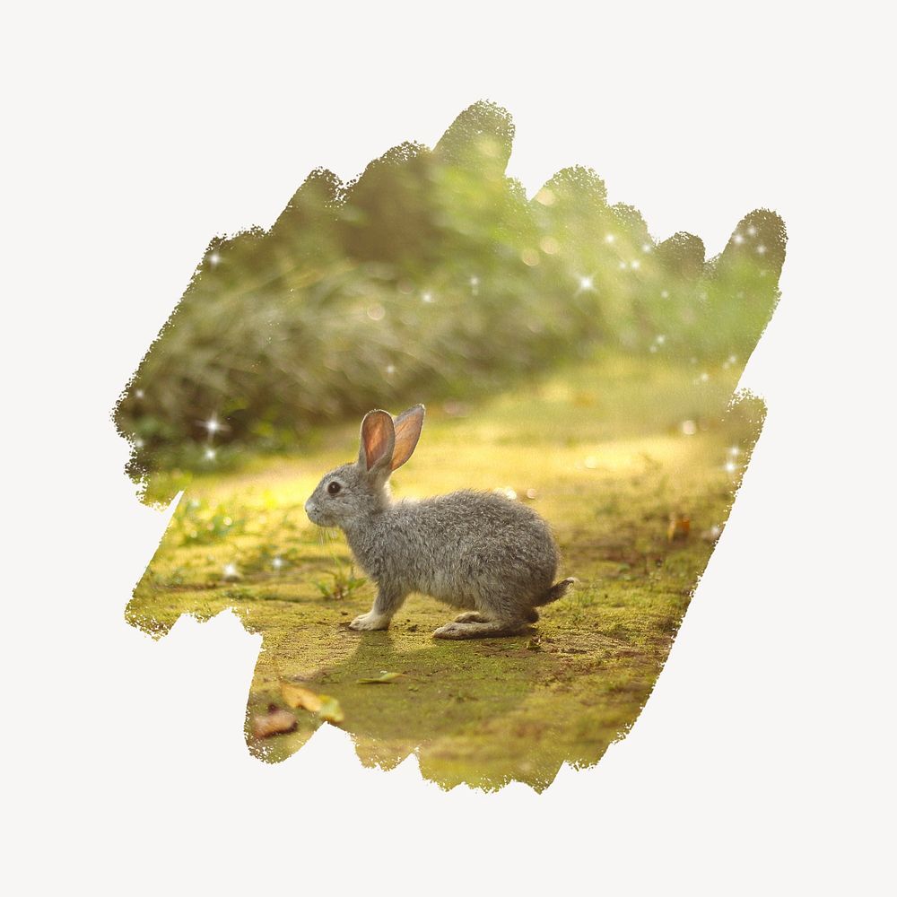 Rabbit in forest, brush stroke transition sticker, animal collage element psd
