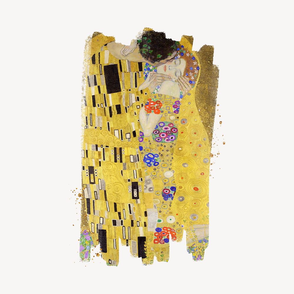 The Kiss png, brush stroke transition, famous painting by Gustav Klimt, remixed by rawpixel