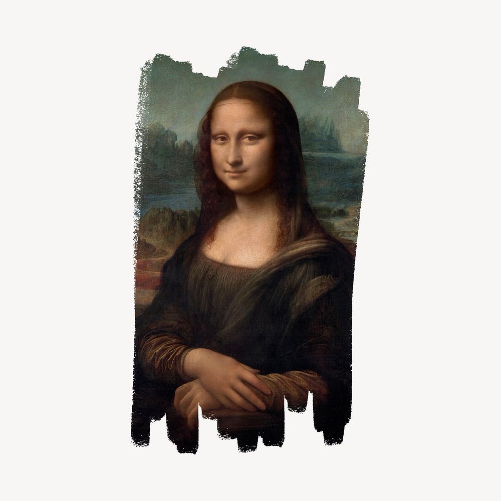 Mona Lisa's portrait, brush stroke reveal sticker, famous painting by Leonardo da Vinci psd, remixed by rawpixel