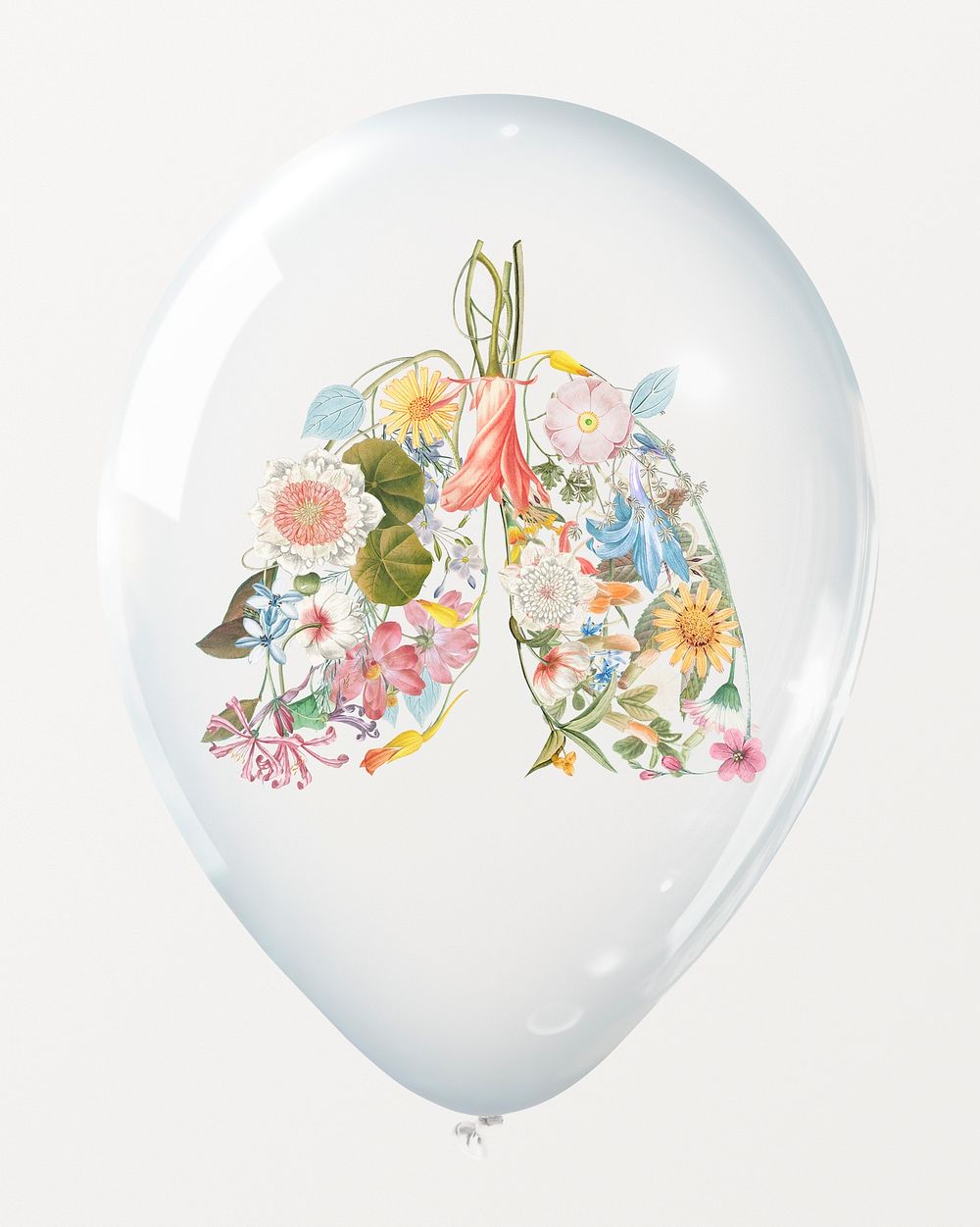 Floral lungs in clear balloon, air pollution