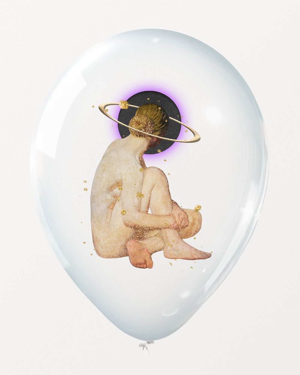 Nude woman with halo angle ring, sitting in clear balloon