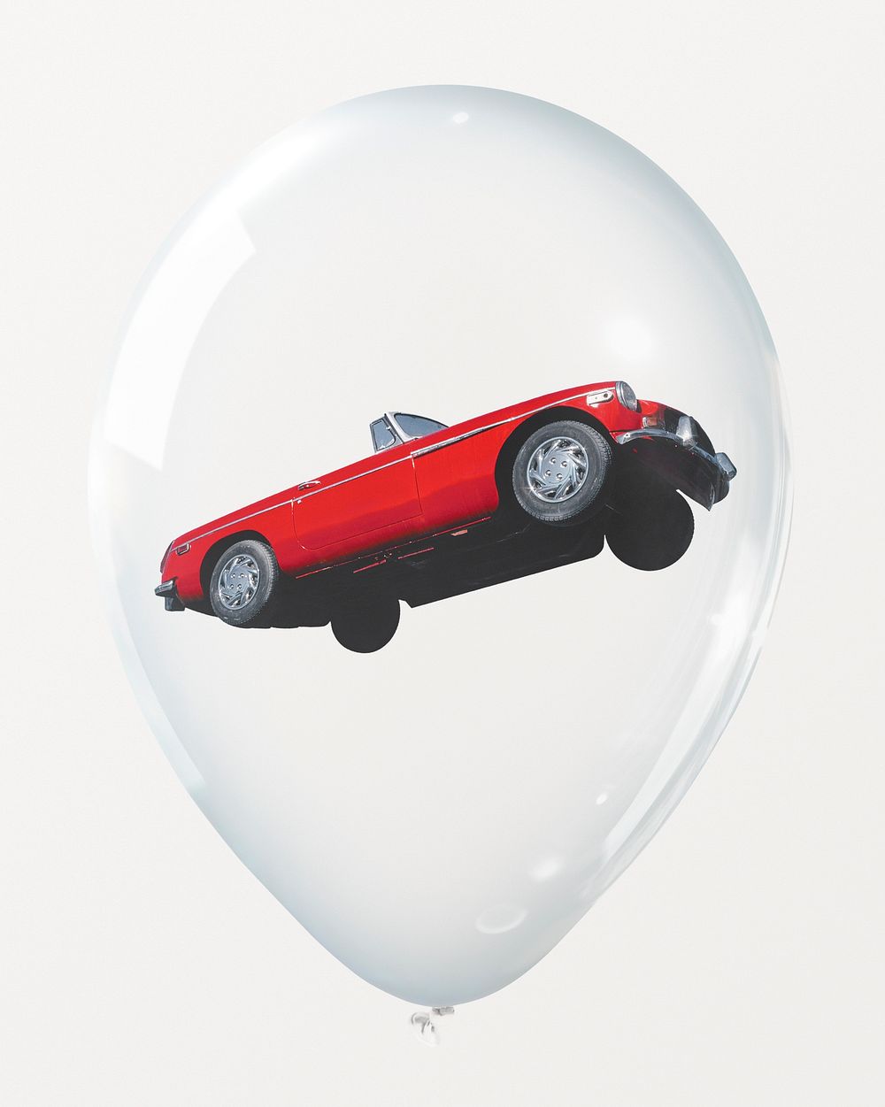 Red classic car in clear balloon