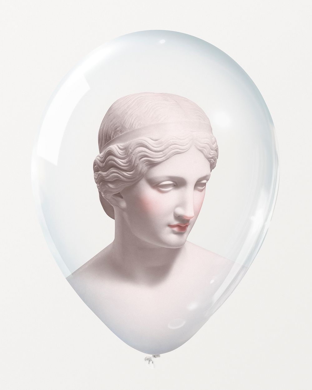 Greek goddess statue printed on clear balloon, remixed media