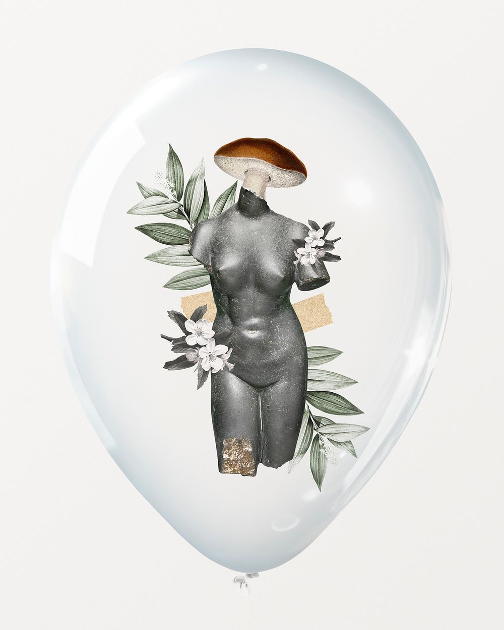 Aesthetic collage statue in clear balloon, mixed media