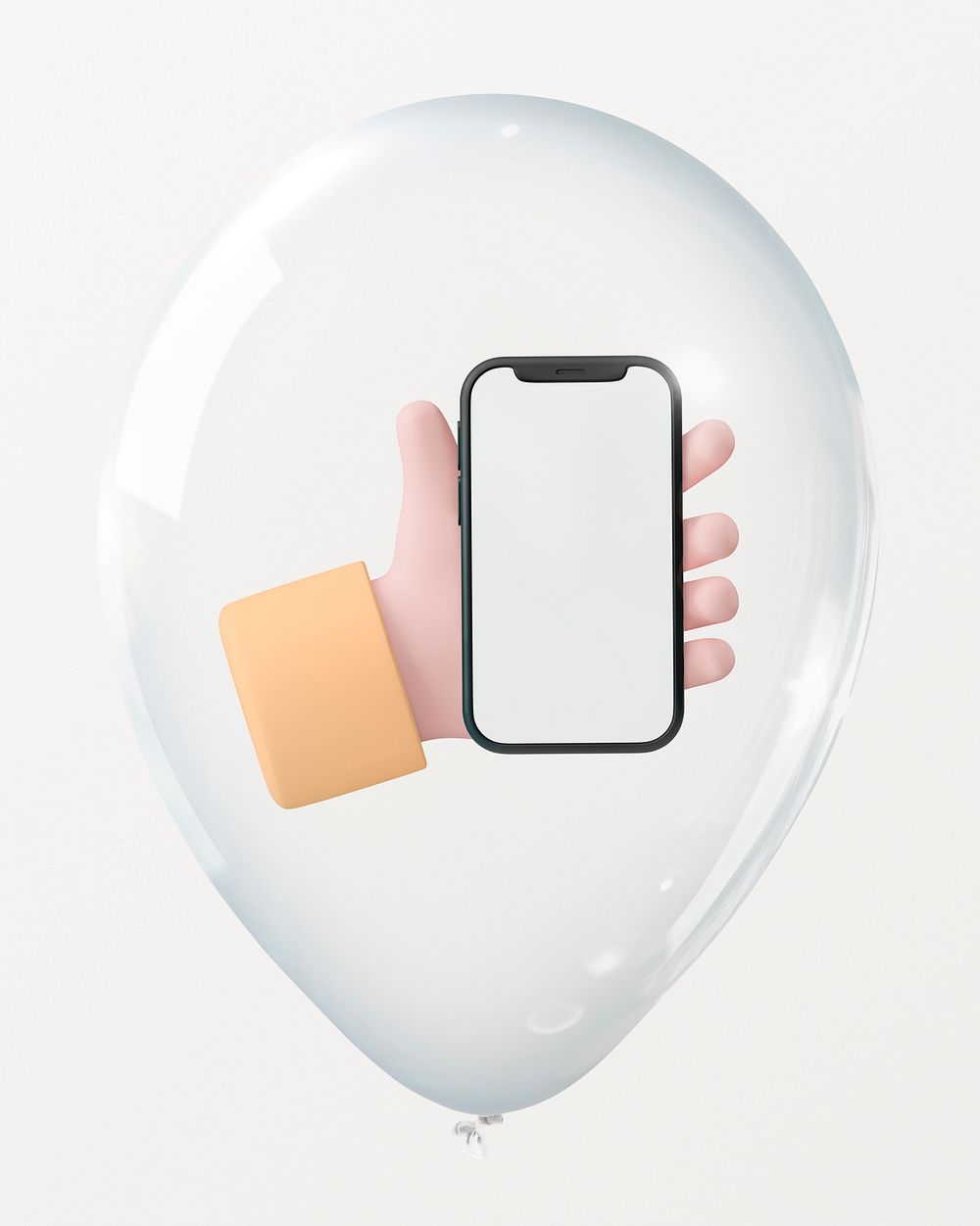 Hand holding phone in clear balloon
