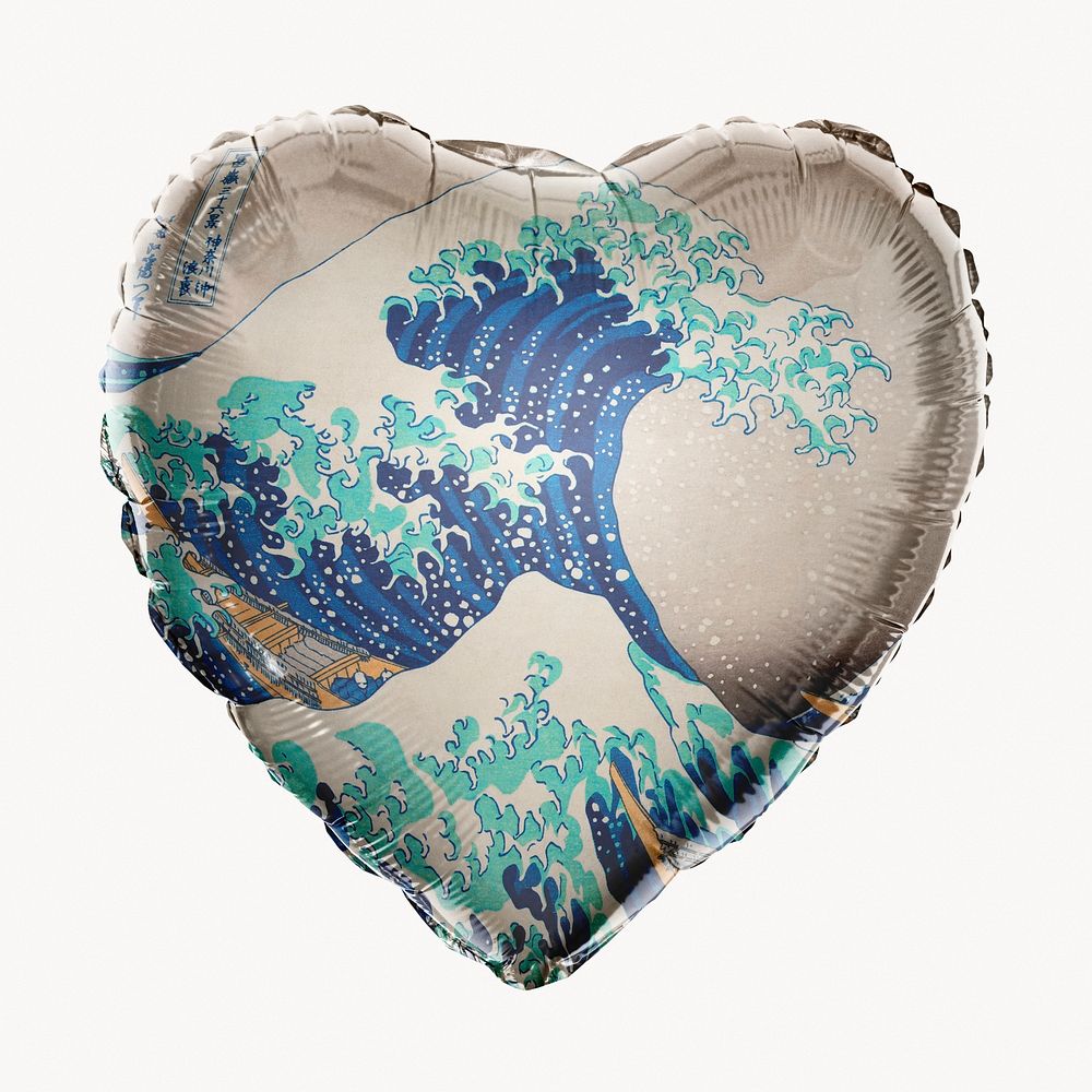 Hokusai's Japanese wave heart balloon clipart, traditional painting, remixed by rawpixel