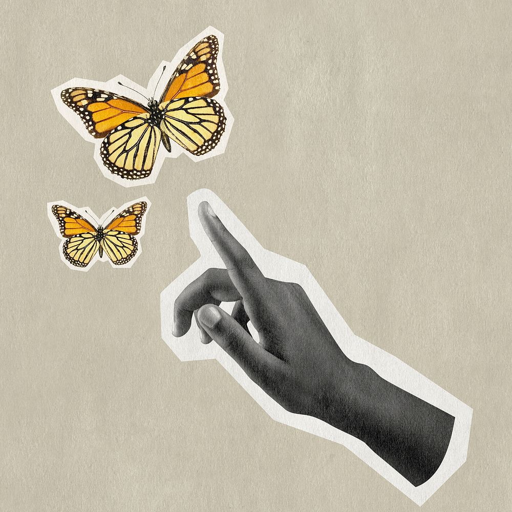 Butterfly aesthetic collage art, black hand