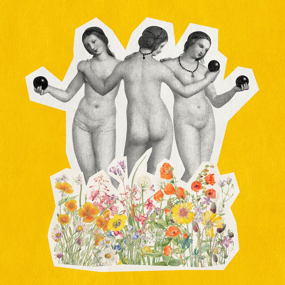 Nude goddess collage art, flower garden, Three Graces famous painting remixed by rawpixel