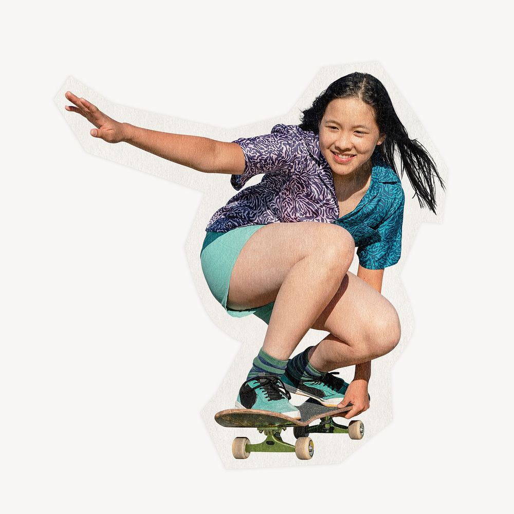 Girl skateboarding on a rough cut paper effect design