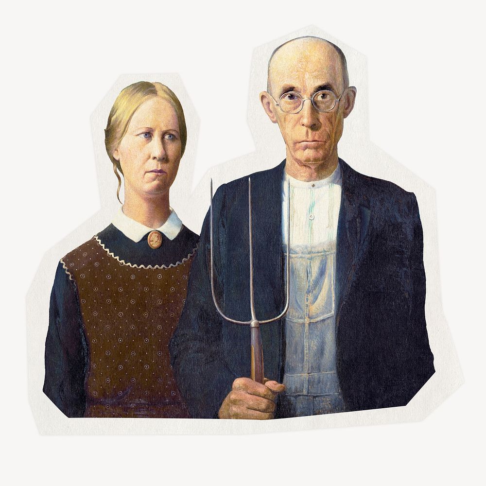 American Gothic vintage painting, Grant Wood on a rough cut paper effect design, remixed by rawpixel