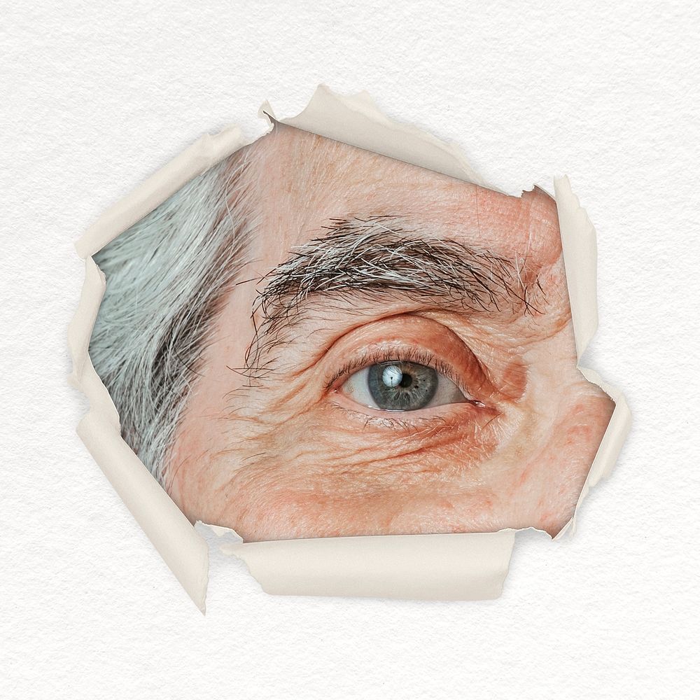 Senior man eye center ripped paper shape sticker, person image psd