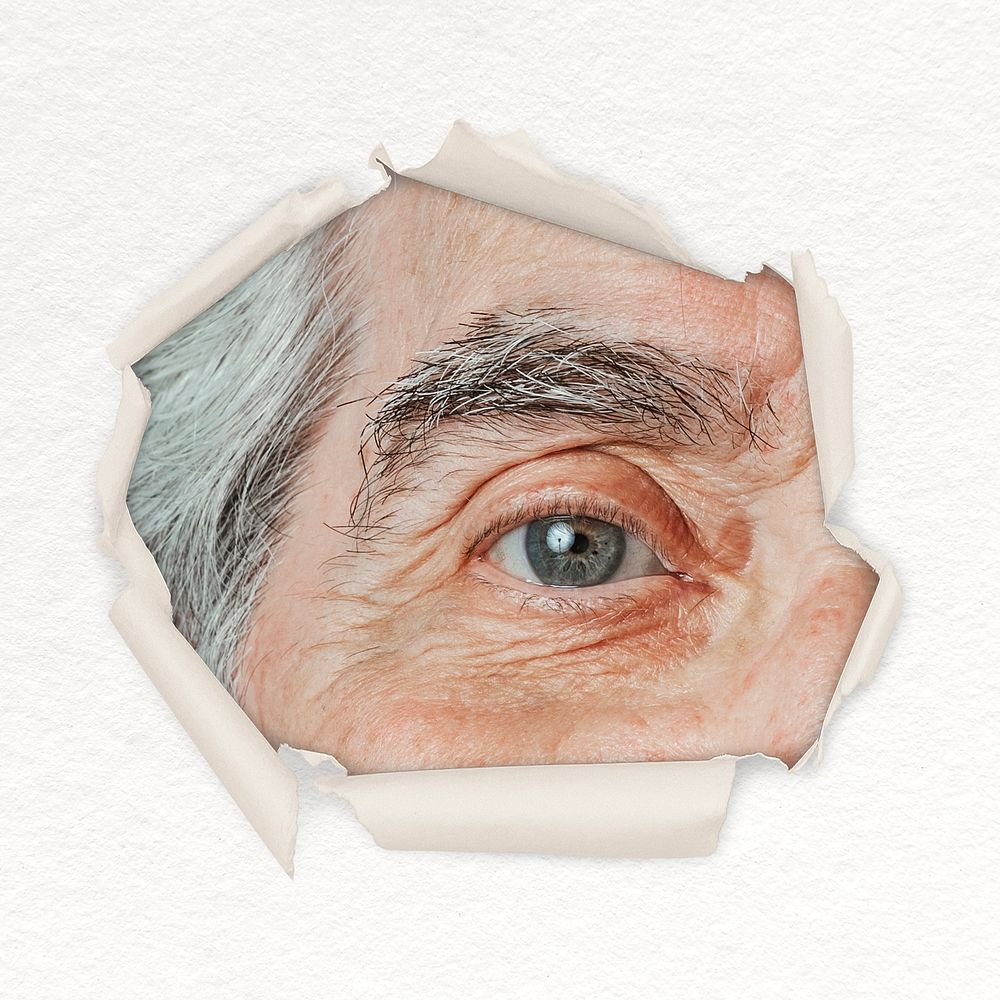 Senior man eye center torn paper shape badge, person photo