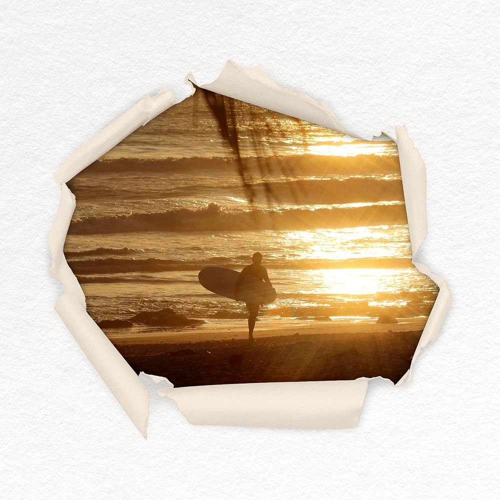 Surfer sunset center torn paper shape badge, beach photo