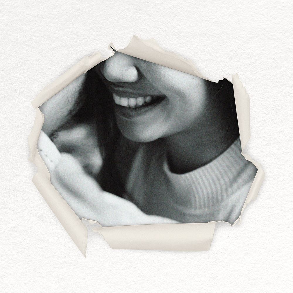 Woman smiling center torn paper shape badge, relationship photo