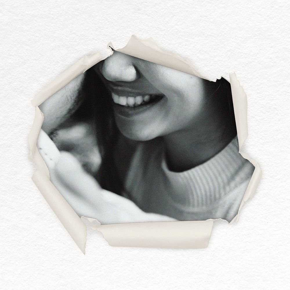 Woman smiling center ripped paper shape sticker, relationship image psd