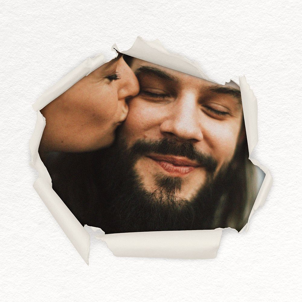 Kissing cheek center ripped paper shape sticker, cute couple image psd