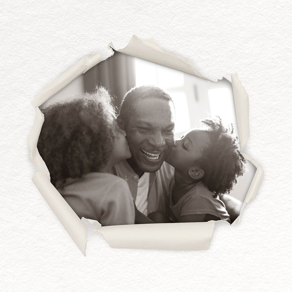 Happy African family center ripped paper shape sticker, father & daughters image psd
