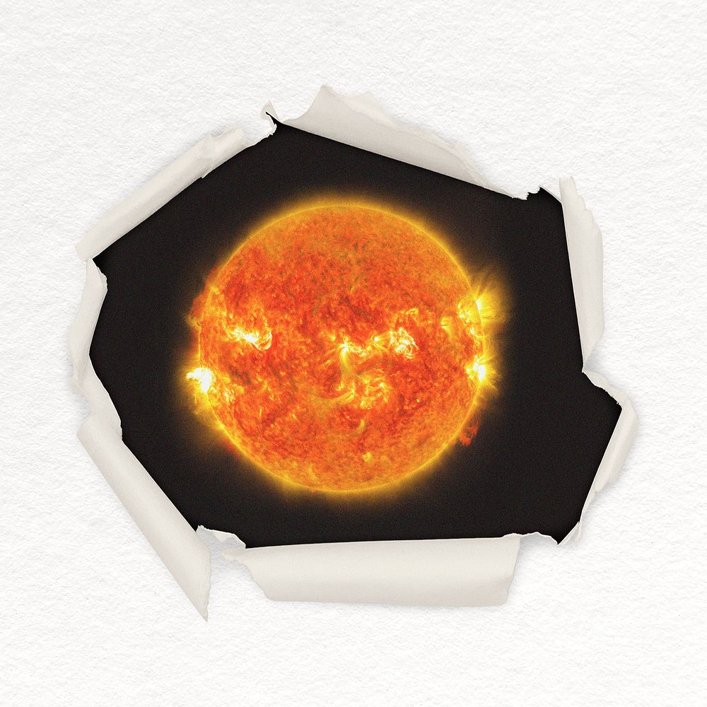 Glowing sun center torn paper shape badge, solar system photo