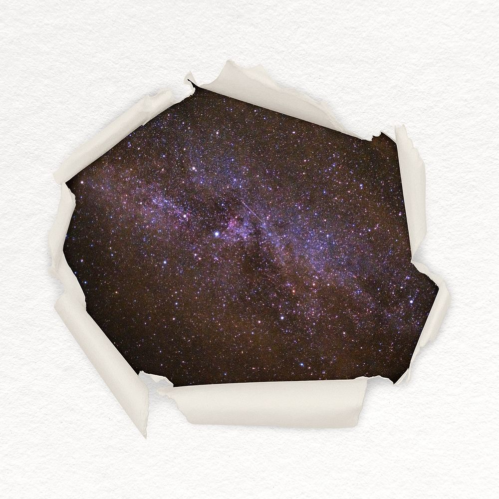 Starry sky center torn paper shape badge, galaxy photo
